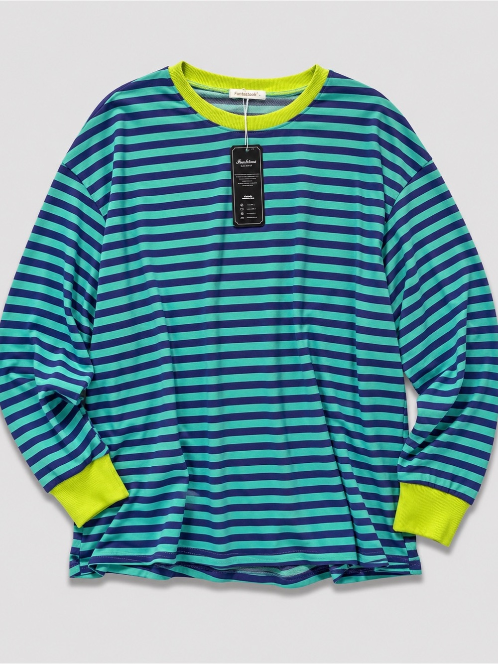 Oversized Blue & Teal Striped Crew Neck Top Chartreuse Cuffs Large NWT